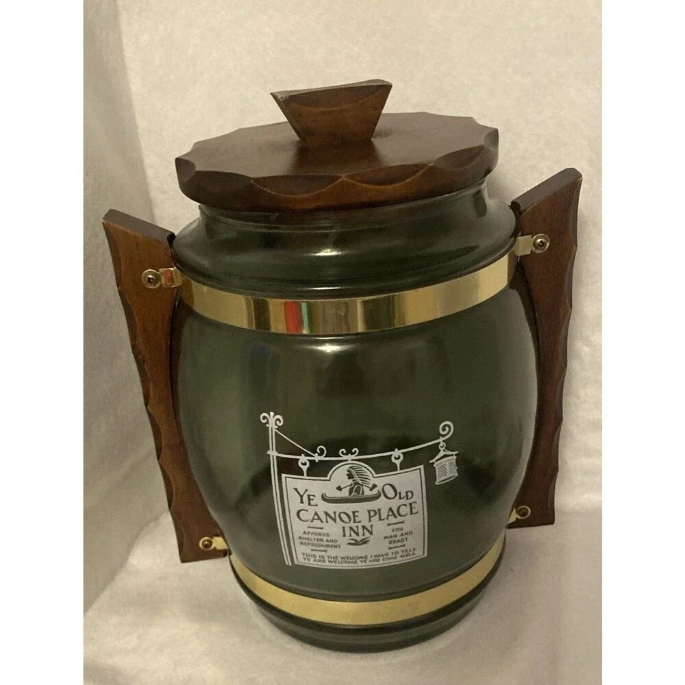 Vintage Siestaware Pitcher Barrel Shaped Glass Container Wood Lid &Handle 10”x9”
